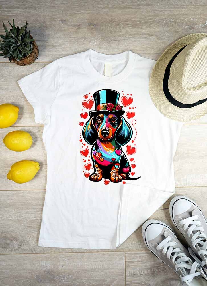 Színes tacskó kalapban