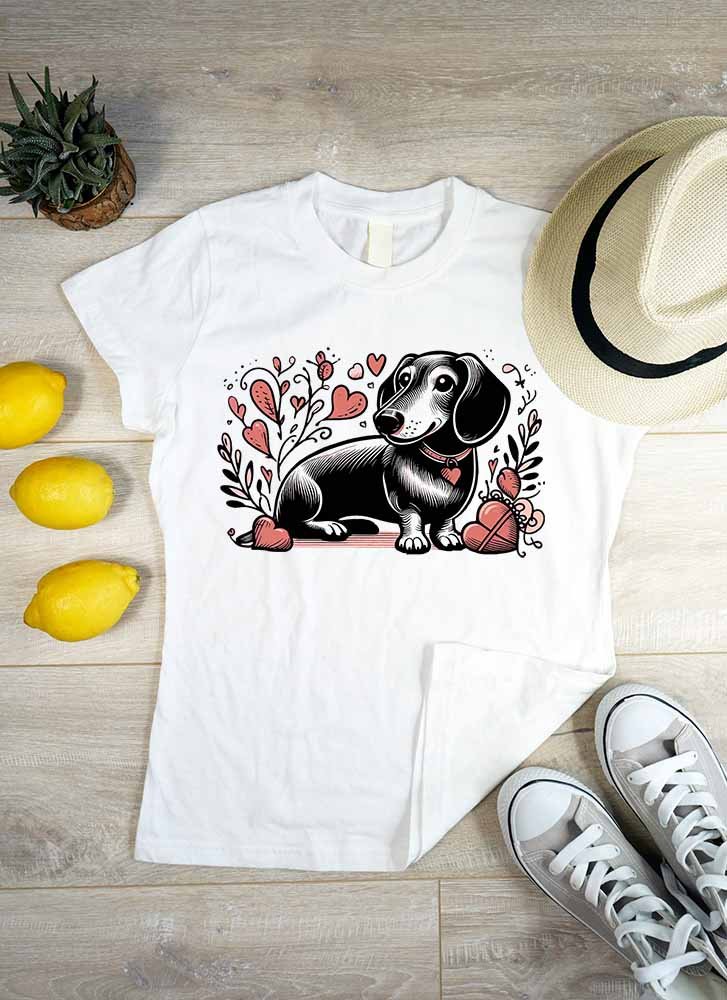 Tacskós póló - Szíves tacskó virágokkal